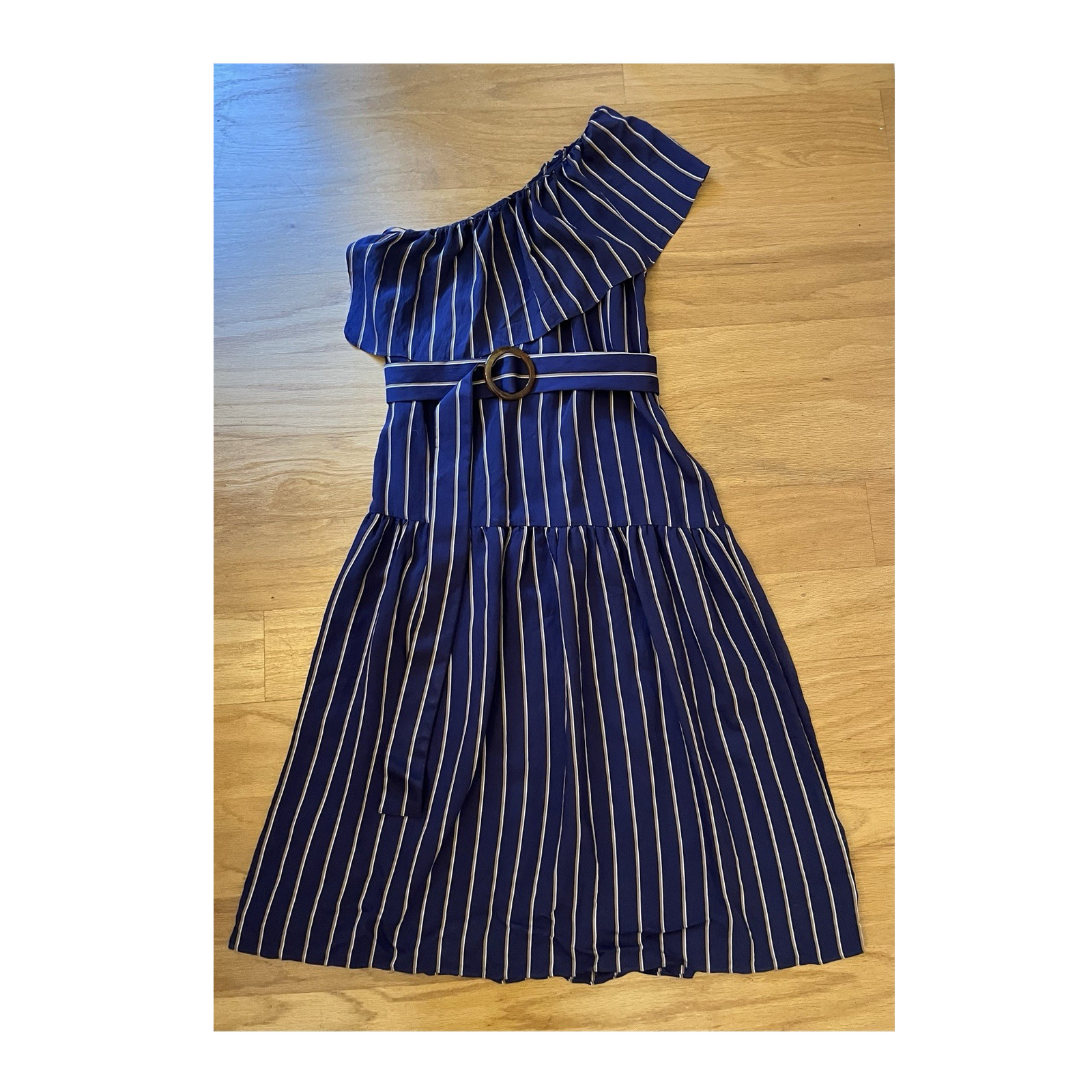 Topshop Blue Beige White Striped One Shoulder Ruffle Belted Midi Dress 10