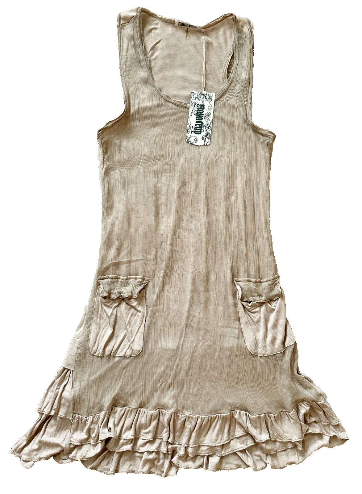 NWD Monoreno Beige Tan Sheer Voile Overlay Dress Sleeveless Tiered 100% Silk L