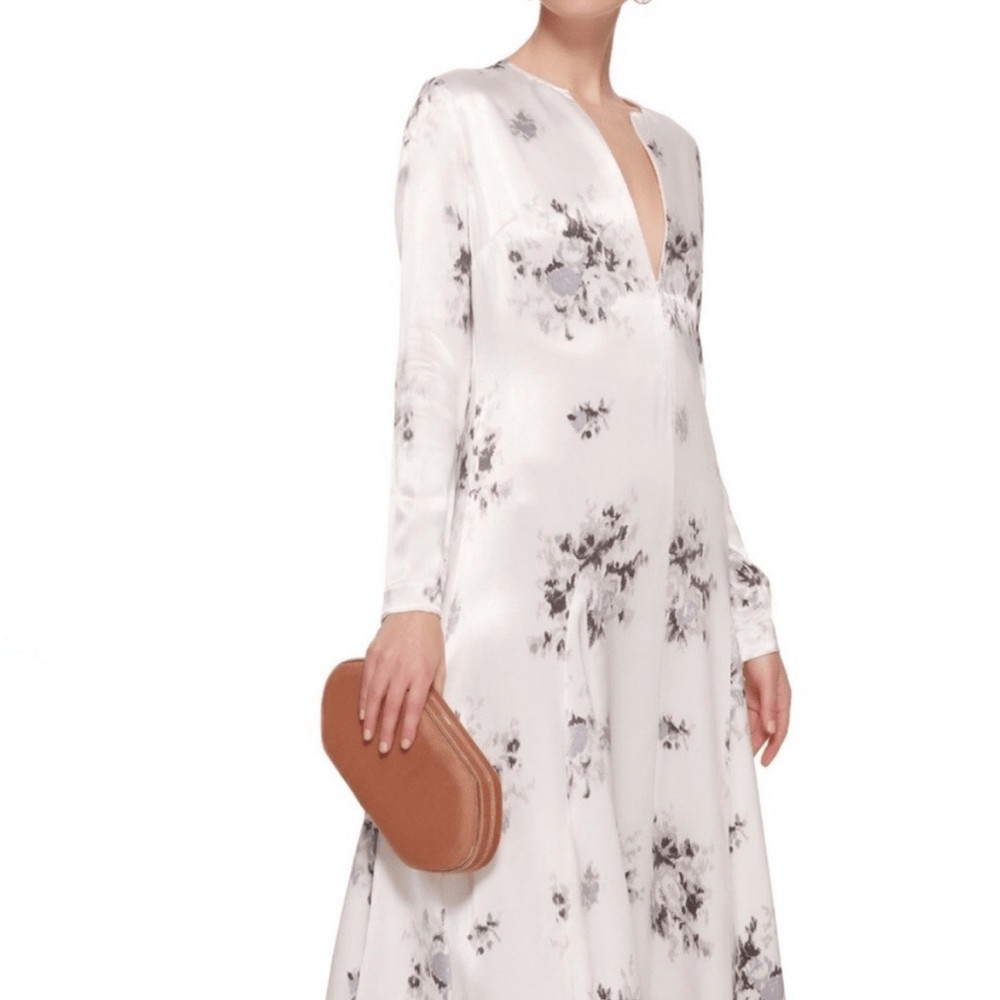 GANNI Cameron Fluted Floral Printed Satin Maxi Dress Size EU 34 US XS
