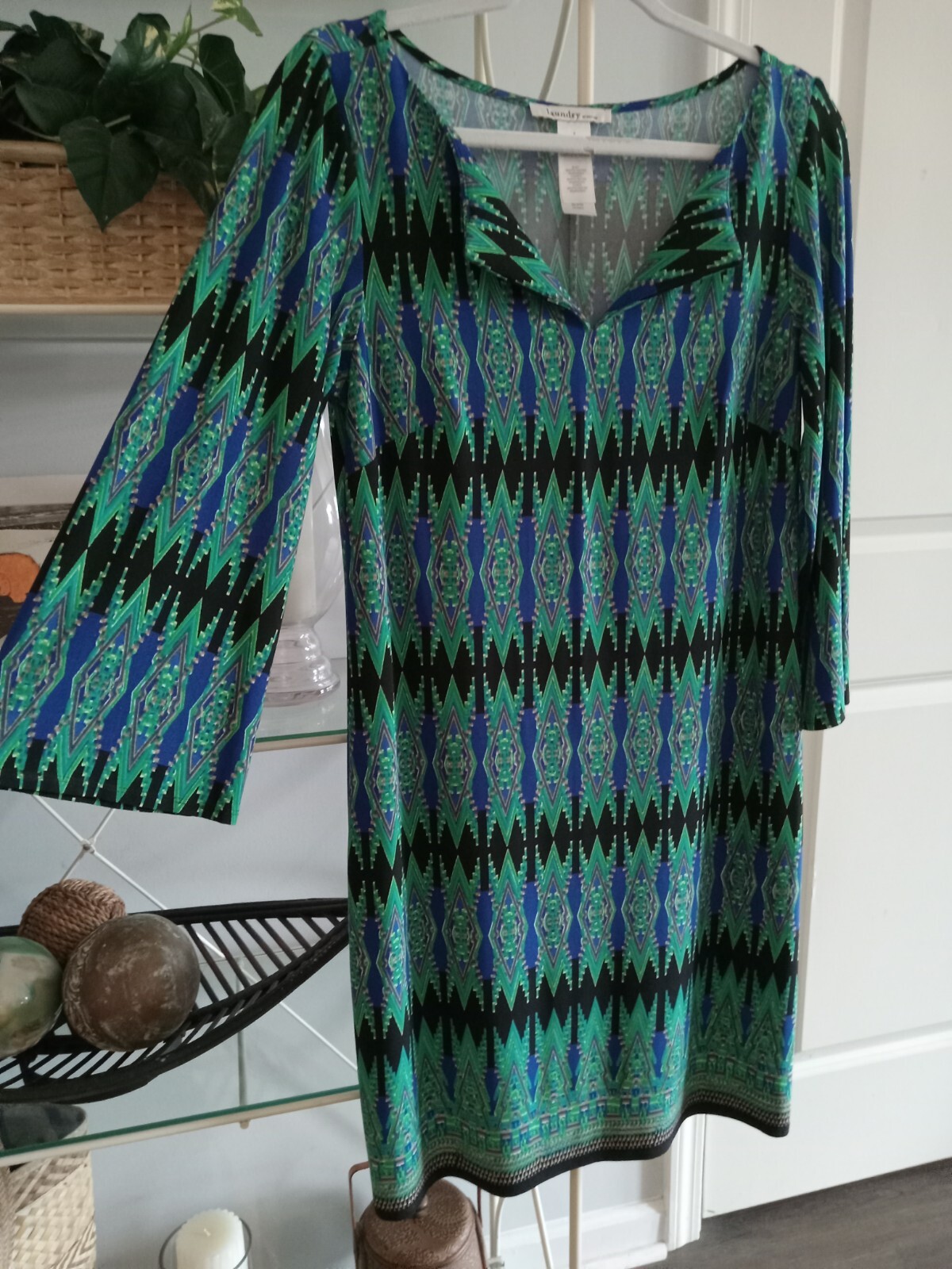 Laundry by Design Geometric Ikat Shift Dress Blue Green Sz 8 Mod Resort Vacation