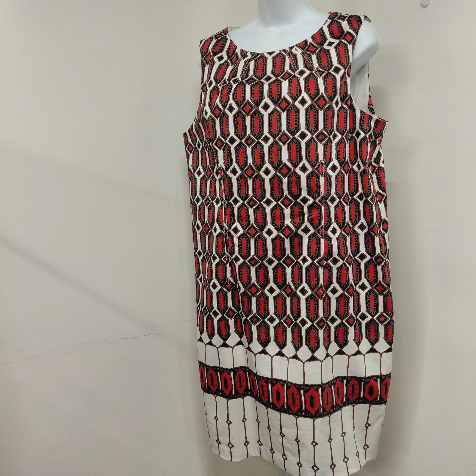 Talbots Shift Dress Women’s Size 14 Red Brown Black White Geometric Sleeveless
