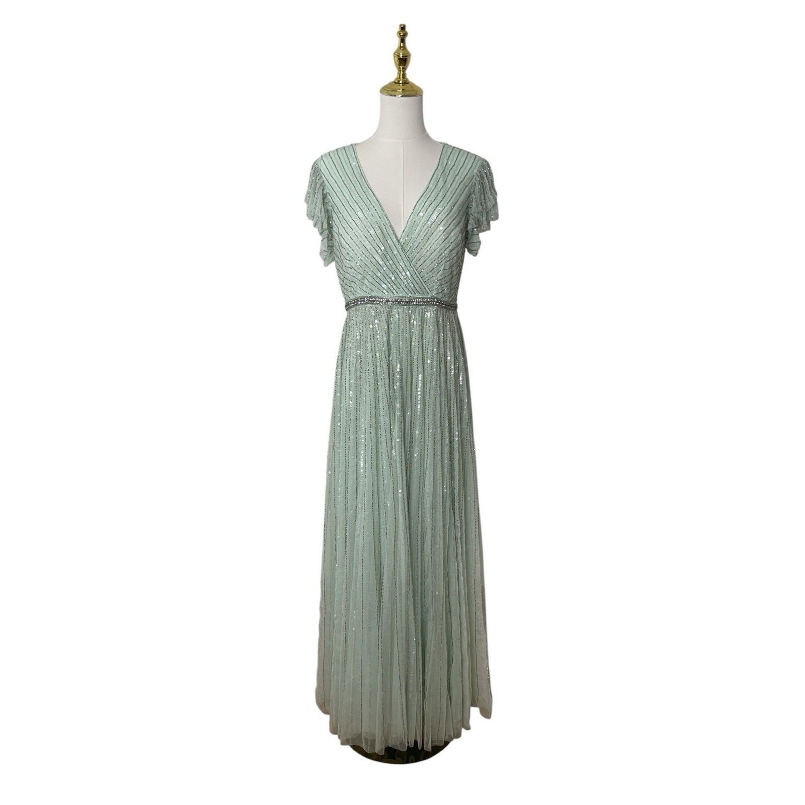 Mac Duggal 5502 Mint Green Sequin Flutter Sleeve A-Line Formal Gown Size 6 $698