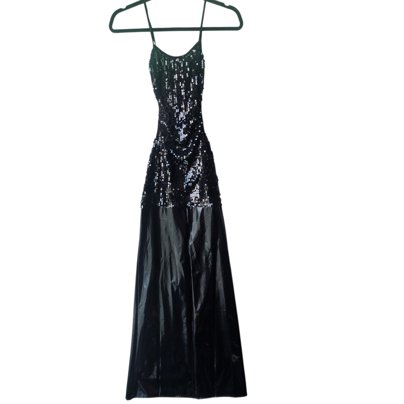 Black Sequin Latex Spaghetti Strap Maxi Gown Sexy Costume Dress Goth Party XS