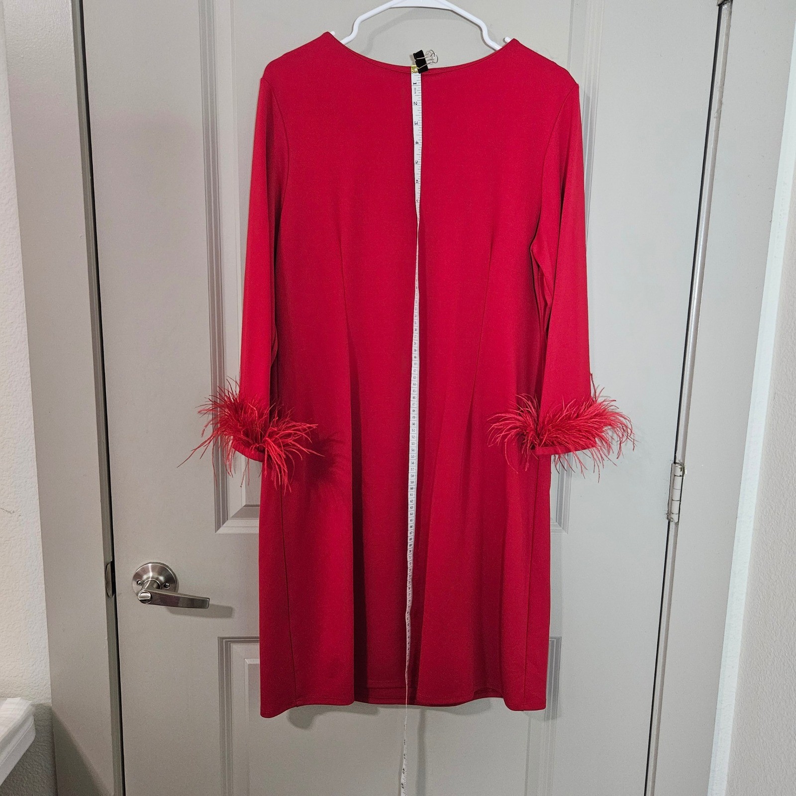 Jude Connally Red Feather Cuff Long Sleeve Shift Dress Womens Large NWT NEW