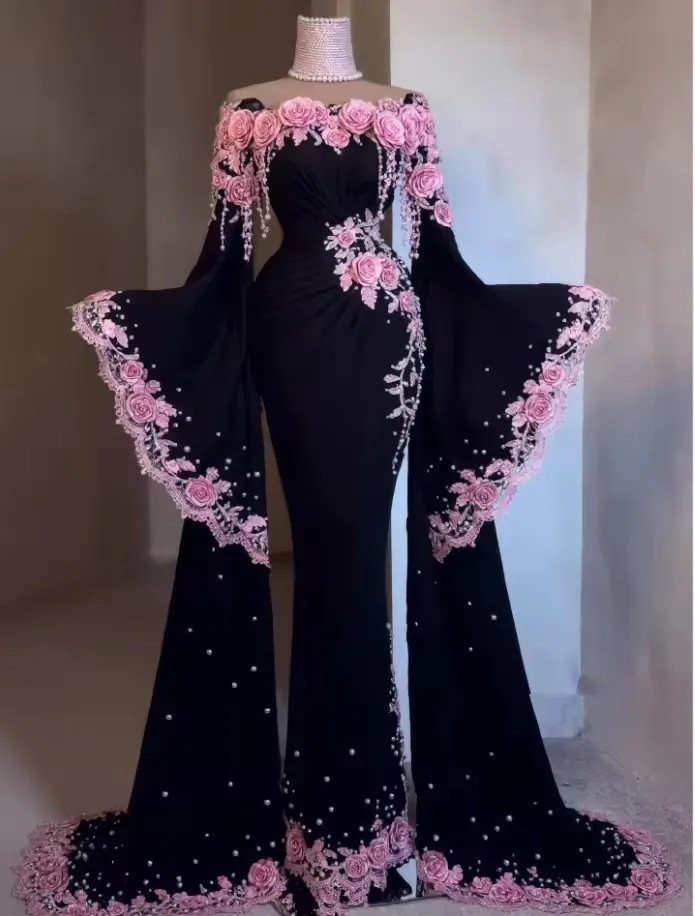 Black Pink Floral Caftan Gown Cape Sleeve Off Shoulder Lace Beaded Prom Custom