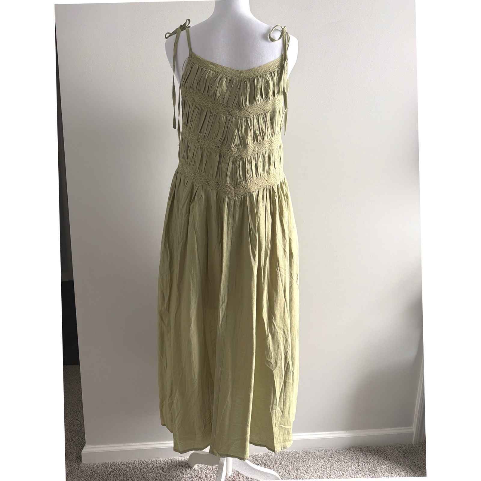 Storia Boho Green Crochet Lace Chevron Tie Strap Pleated Midi Dress Sleeveless S