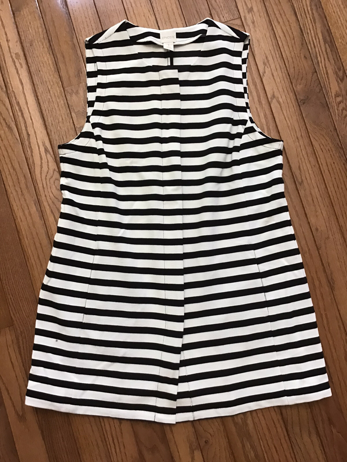 Chico’s Black & White Striped Dress Sleeveless Size 1 Zip Front Slash Pockets