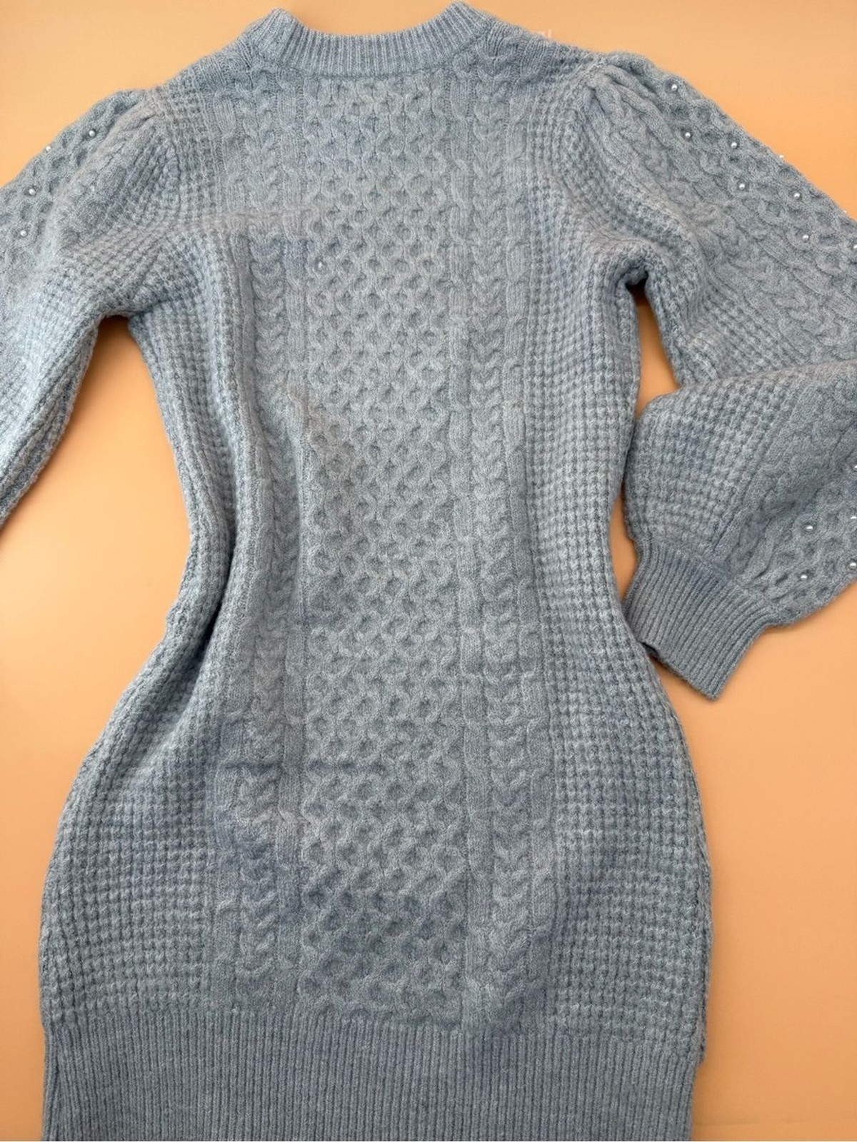Francesca’s Pale Grey Beaded Pearls Cable Knit Sweater Dress