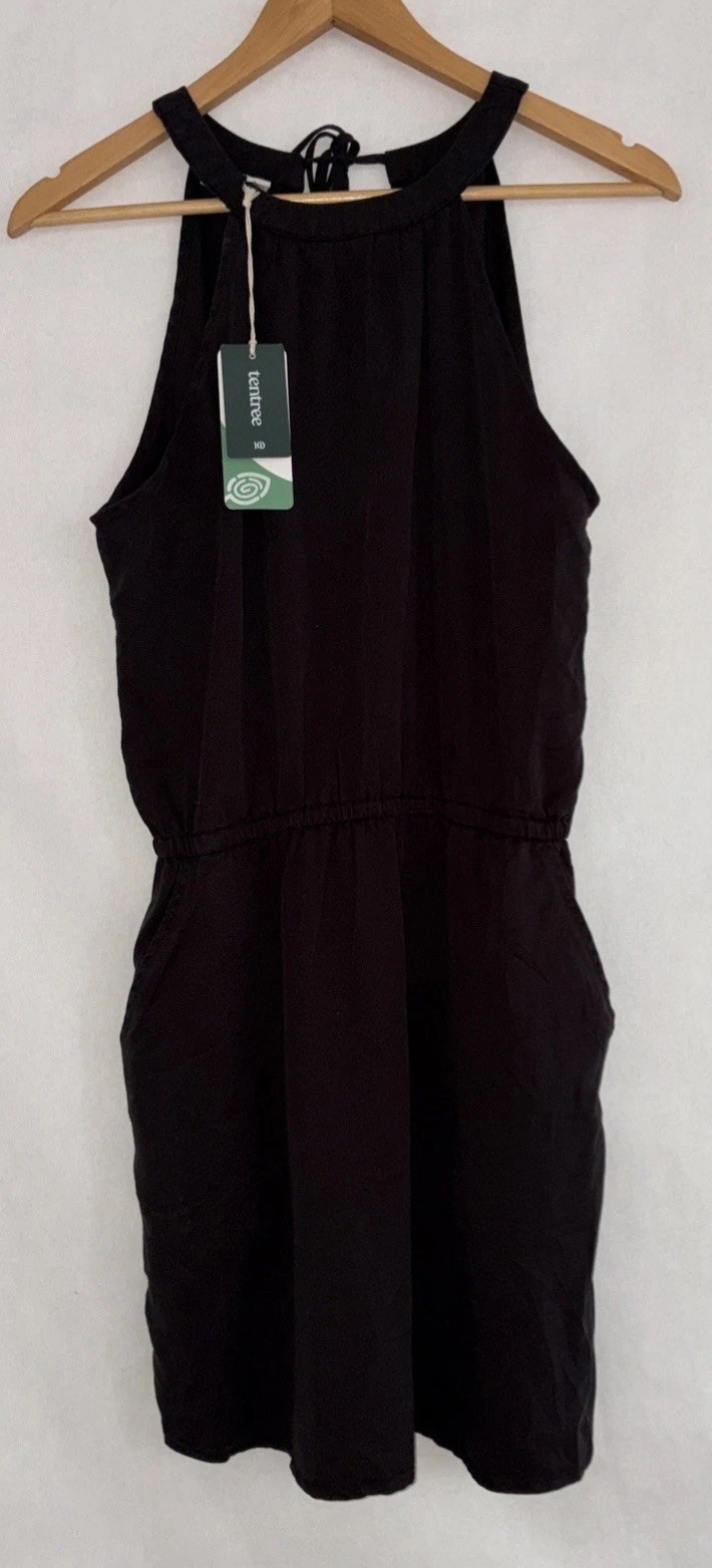 Tentree Cypress Dress Halterneck Black S Tencel Minimalist Summer Beach New NWT