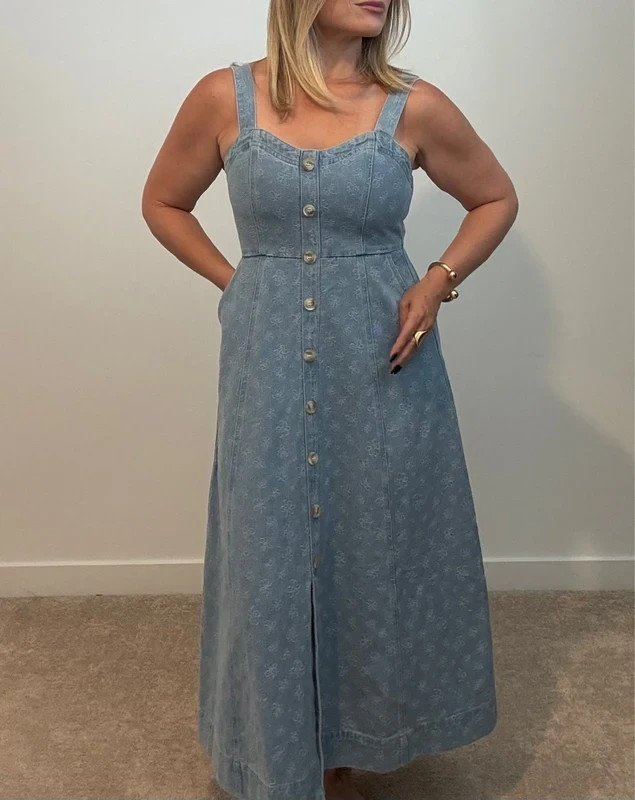 Blu Pepper Floral Denim Midi Dress with Pockets Small Size
