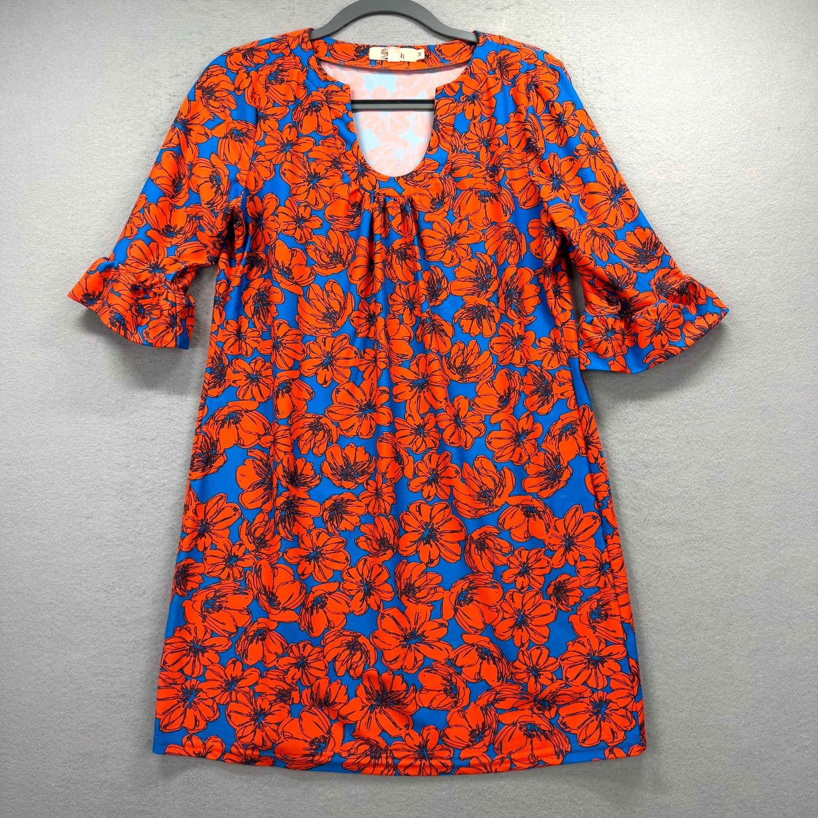 Aryeh Tunic Dress Womens Medium Blue Orange Floral Ruffled Sleeve Pleated Neck