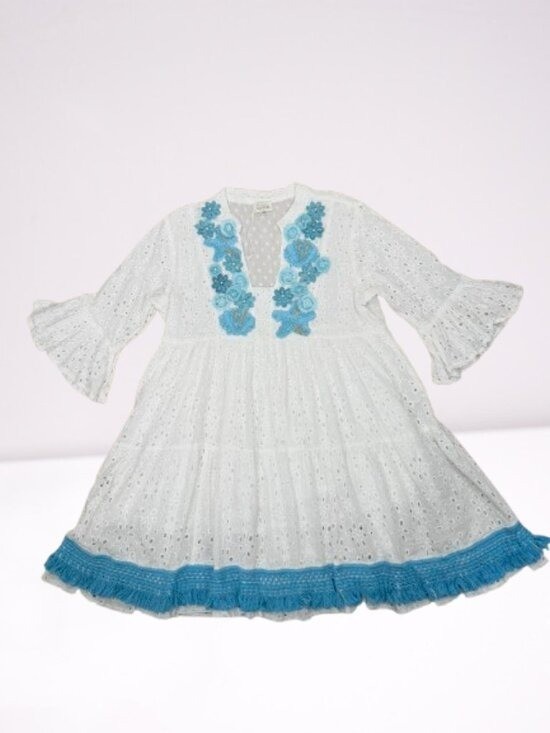 Bottega Positano NWOT Beaded Embroidered Babydoll White Eyelet Dress Size S/M