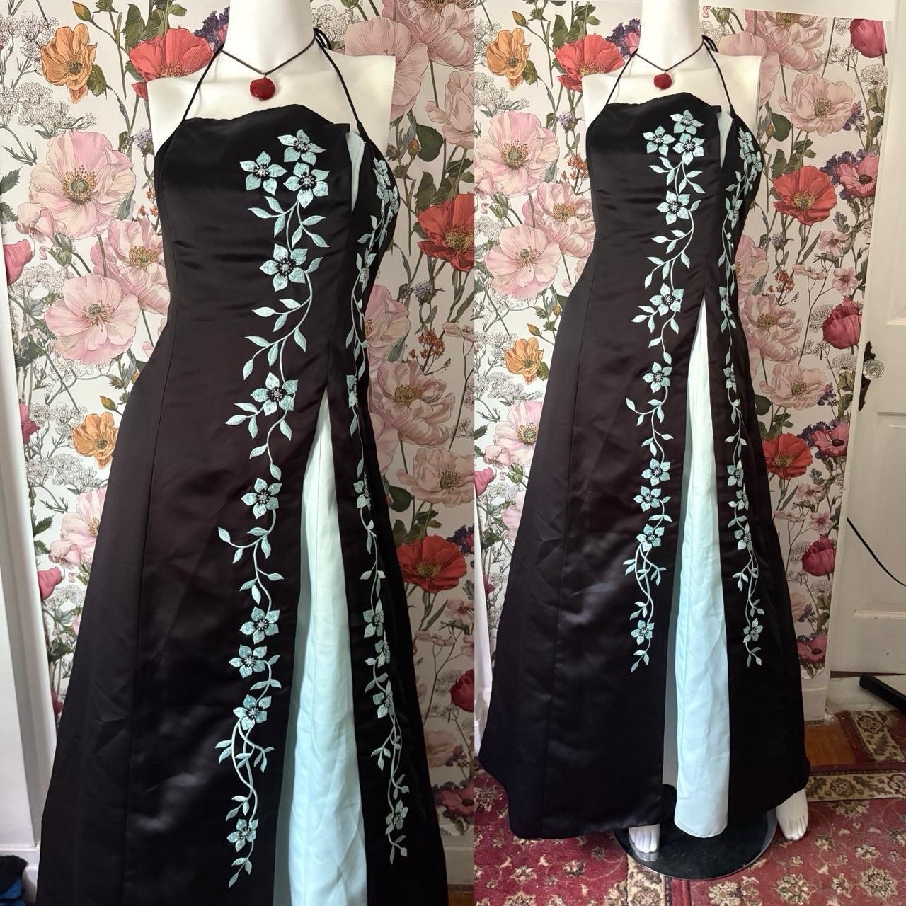 Vintage Morgan & Co Black Satin Floral Embroidered Halter Sleeveless Dress 11/12