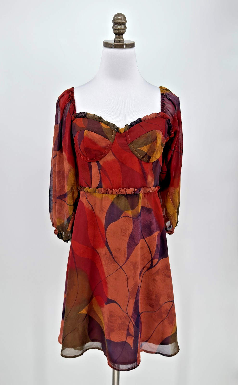 Hutch Adela Burgundy Red Abstract Balloon Sleeve Sweetheart Mini Dress Sz 4