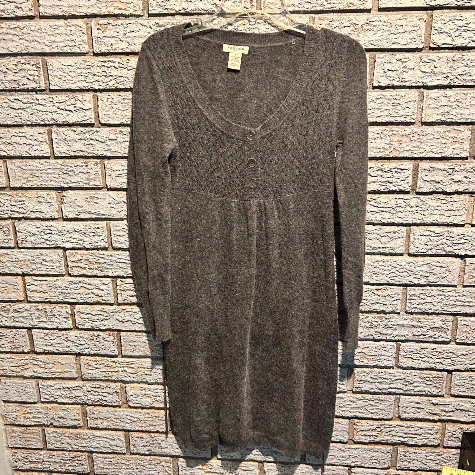 Vertigo Paris Gray Wool Angora Knit Empire Waist Mini Sweater Dress Womens Small