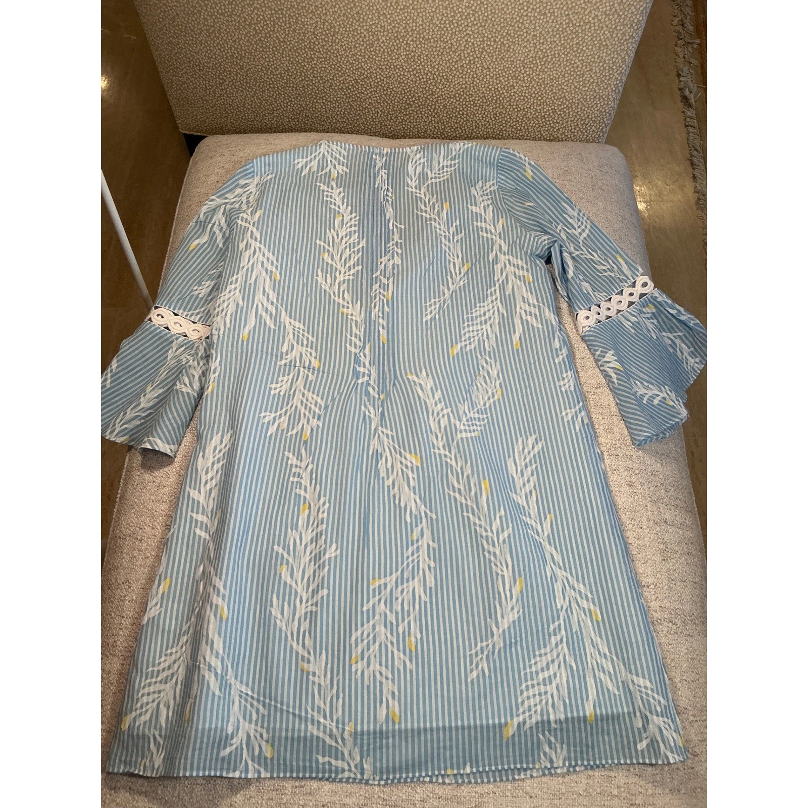 Lilly Pulitzer Blue White Striped Bell Sleeve Lace Trim Shift Dress Small