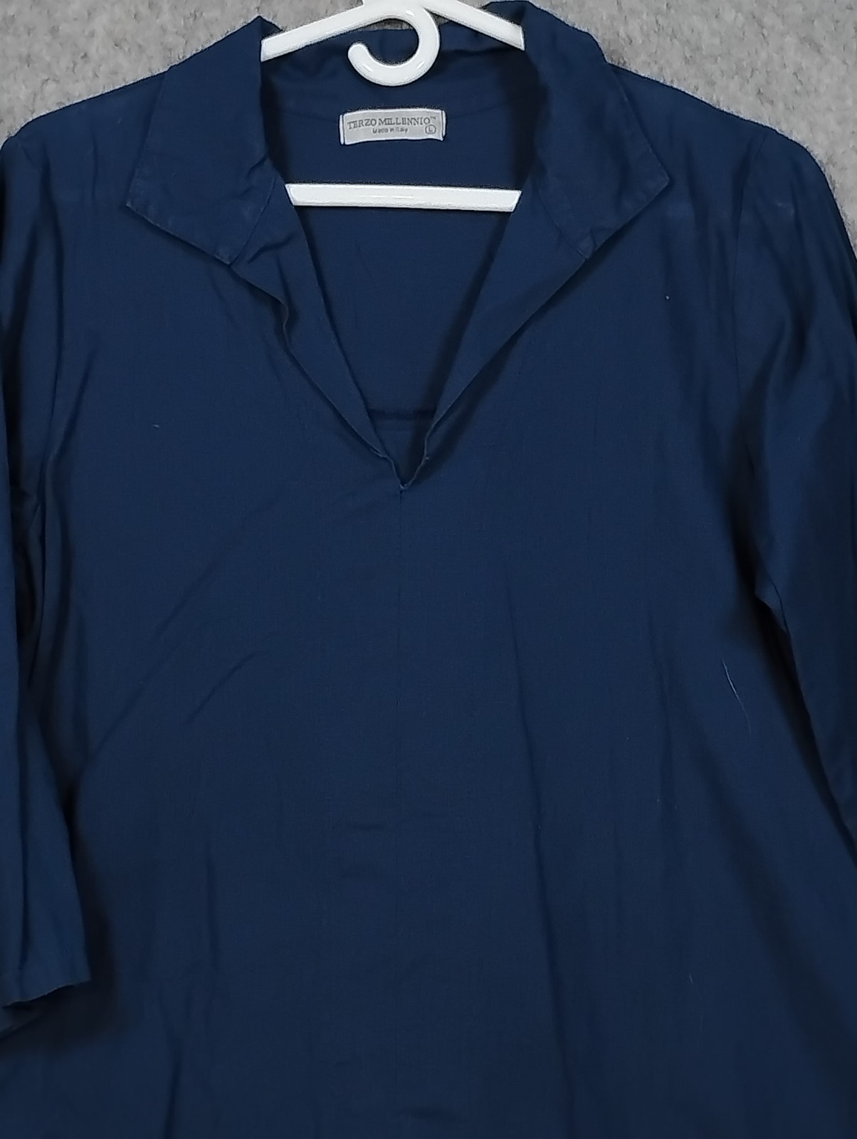Terzo Millennio Navy Linen Blend V-Neck Tunic Dress Lg Made in Italy 3/4 Sleeve