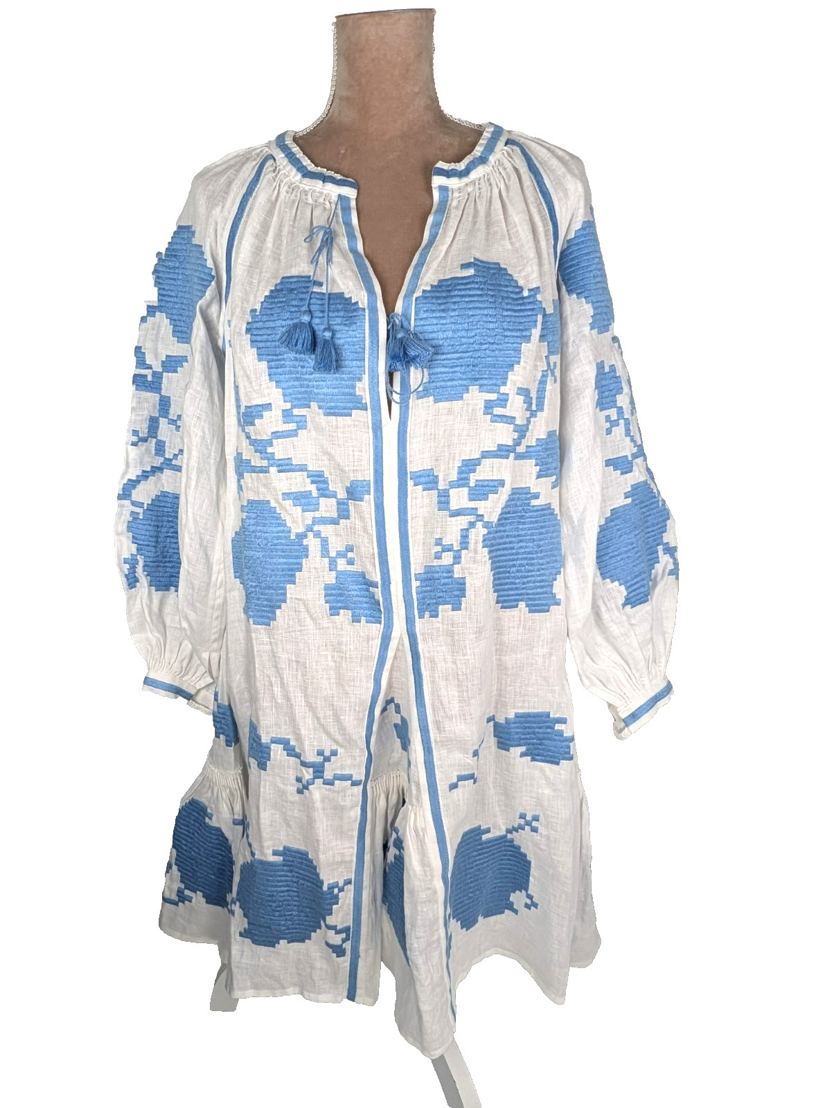 March 11 Linen Embroidered Midi Dress White Blue Sz S Peasant Boho Beachy