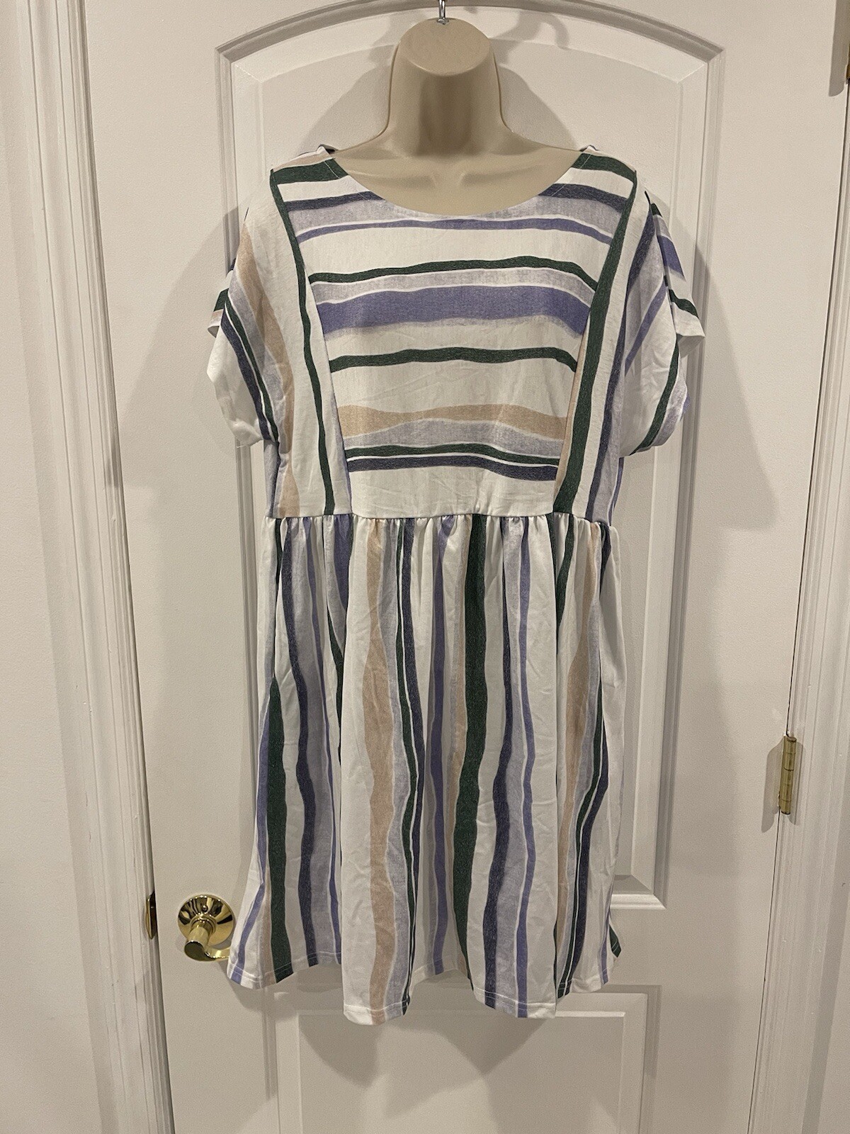 Brillt White L Green Lavender Striped Short Sleeve Cotton Blend Dress Pockets