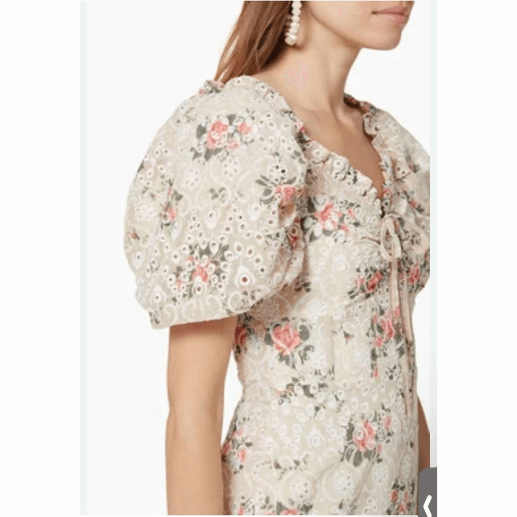 Lavish Alice Off Shoulder Floral Lace Midi Dress Puff Sleeve Corset Sz 6 NWT