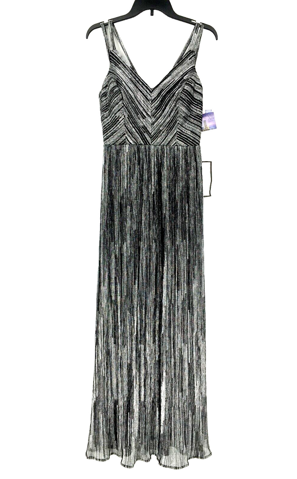 NWT Nightway Silver/Black Sleeveless Double Strap Shimmer Gown Maxi Dress Size 6