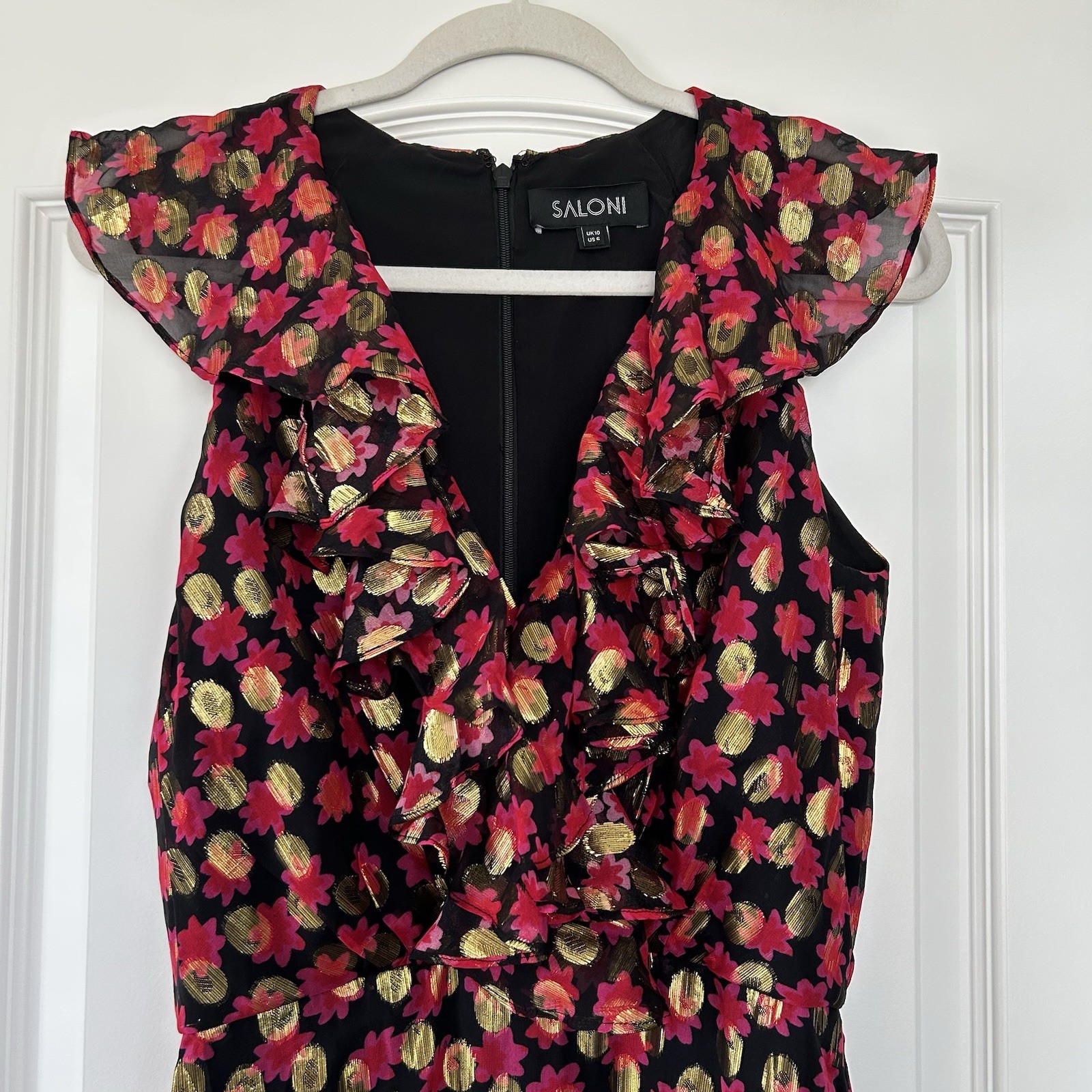 SALONI ANITA Ruffled Fil Coupe Chiffon Midi Dress 6 Silk Blend Cocktail Evening