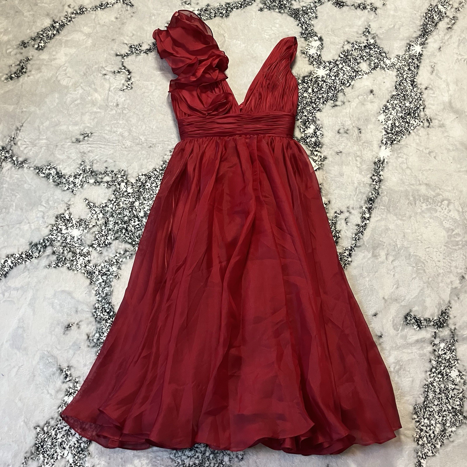 Mac Duggal Dress Womens Size 4 Red Chiffon Fit Flare Midi V Neck Ruffle Detail