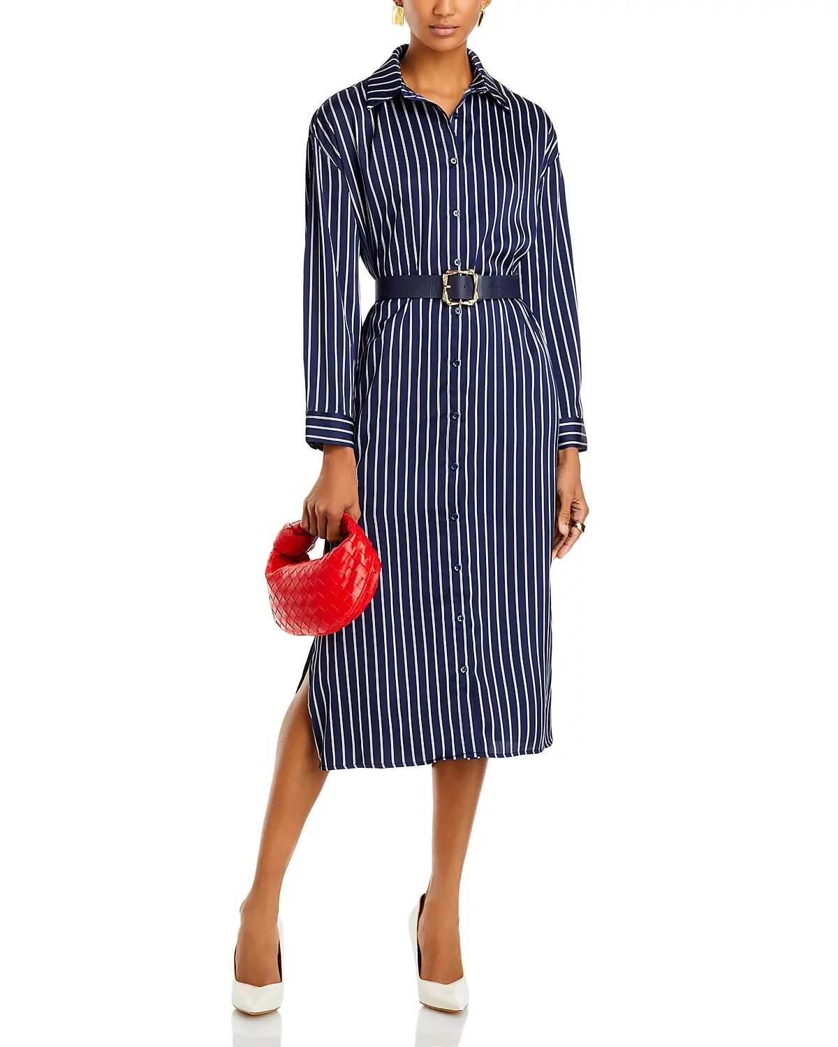 AQUA Women’s Belted Shirt Dress, White/Navy, Medium