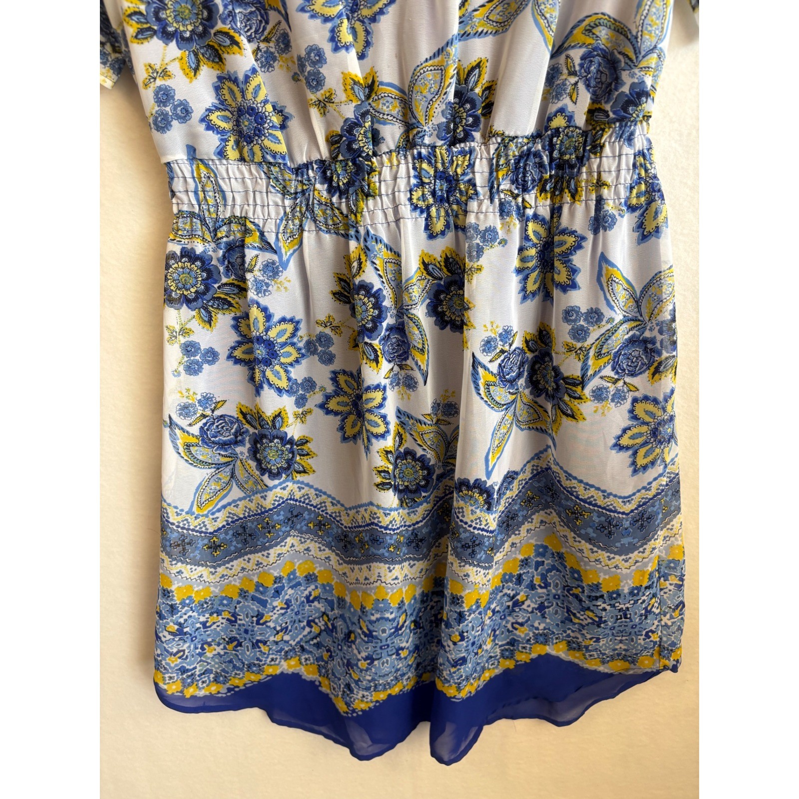 Enfocus Studio Blue Yellow Floral Smocked Waist Roll Tab Sleeve Dress Size 4