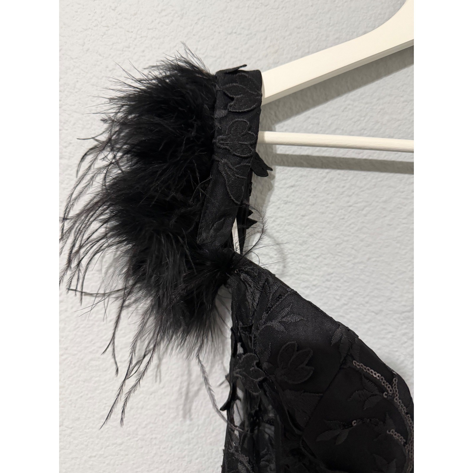 Goth Corset Mini Dress XL Black Sequin Embroidered Feather Off-the-Shoulder Glam