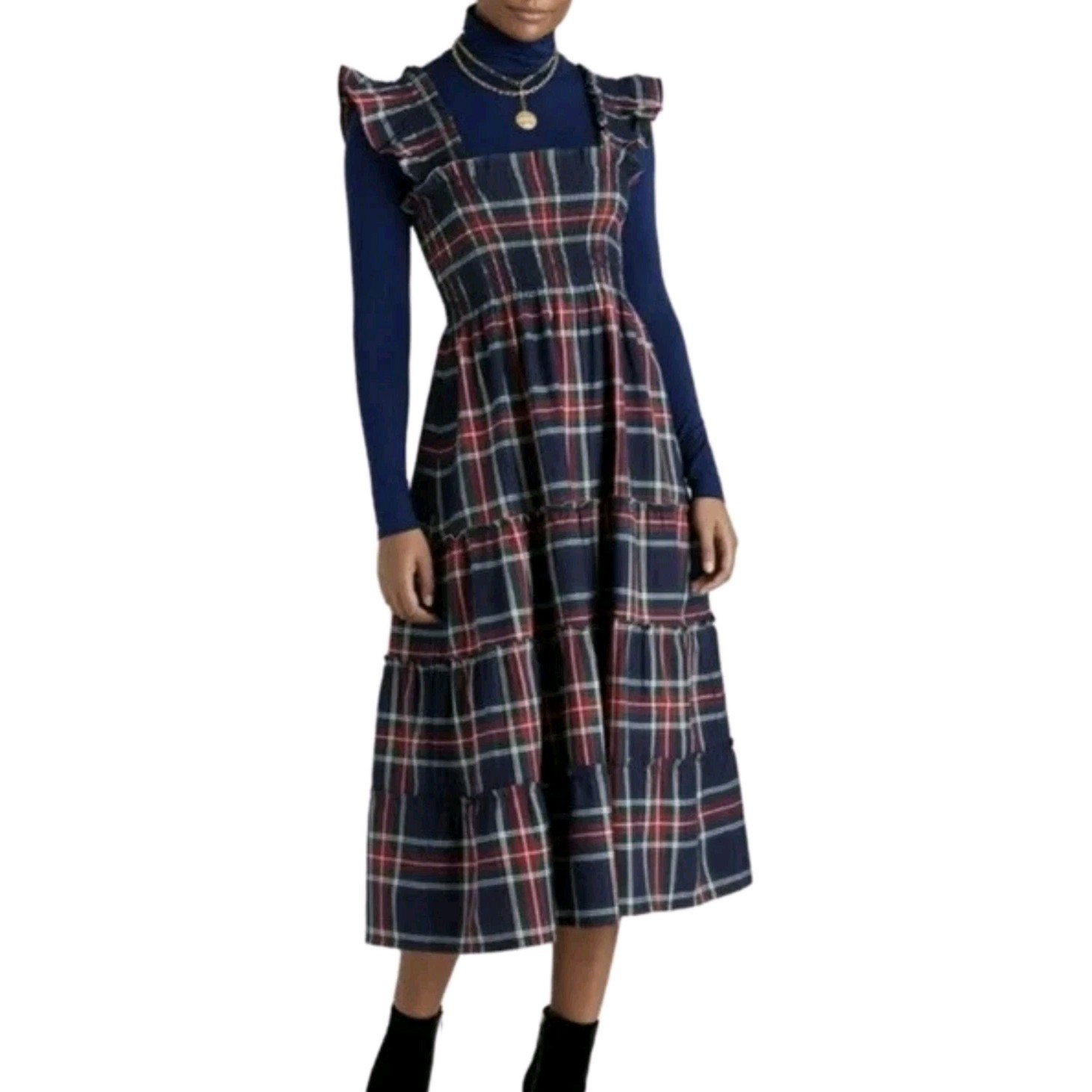 Hill House Home Nap Dress XS Plaid Smocked Midi Ruffle Strap Cotton