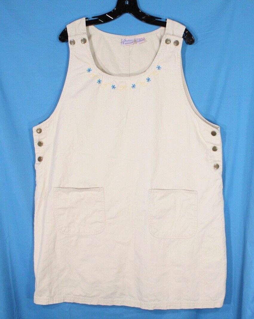 VTG SOUTHERN EXPRESSIONS Khaki Overall Jumper Dress Shift SLEEVELESS Pockets 2X
