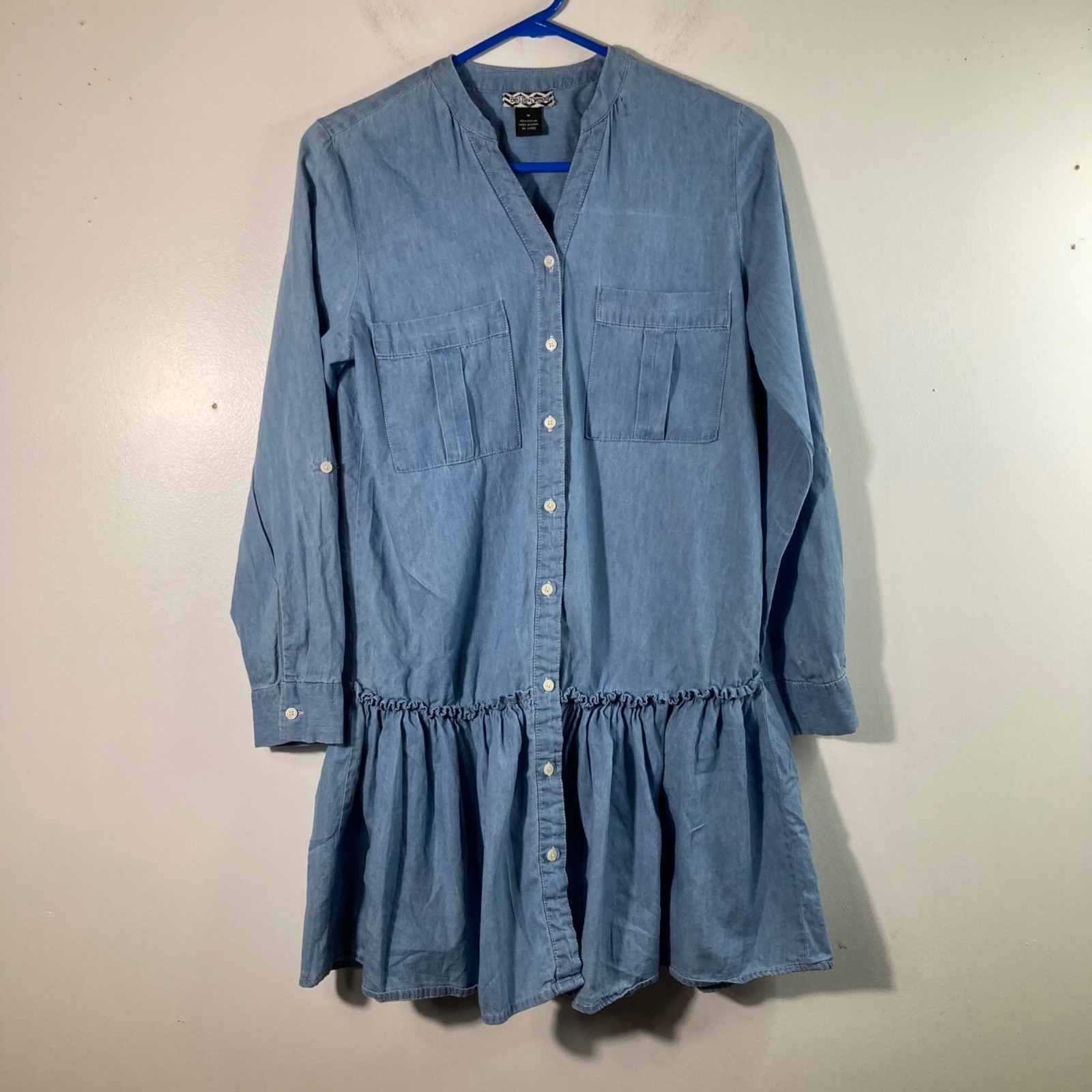 Womens Belle Tweed Chambray Denim Dress Peplum Long Sleeve M Blue Cotton Button
