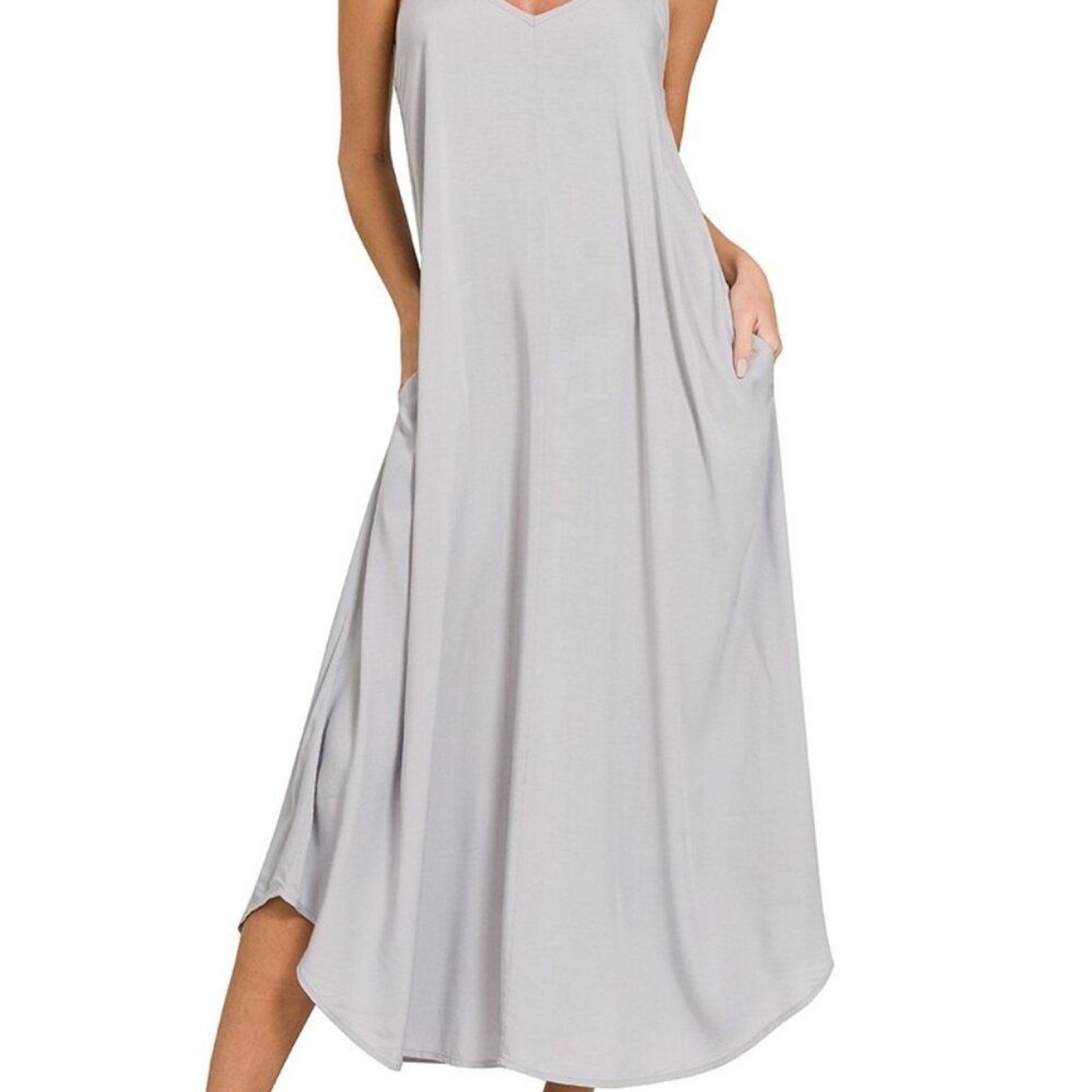 Zenana Grey Woven Rayon Cool Fabric Arc Hem Cami Midaxie Flowy Pockets Dress