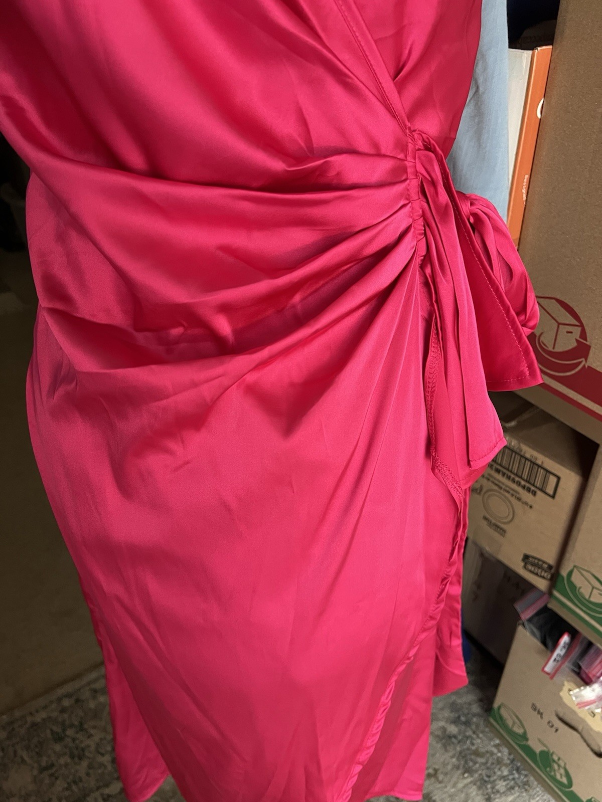 Womens Spaghetti Strap Cross Back Pleated Satin Wrap Dress. Medium