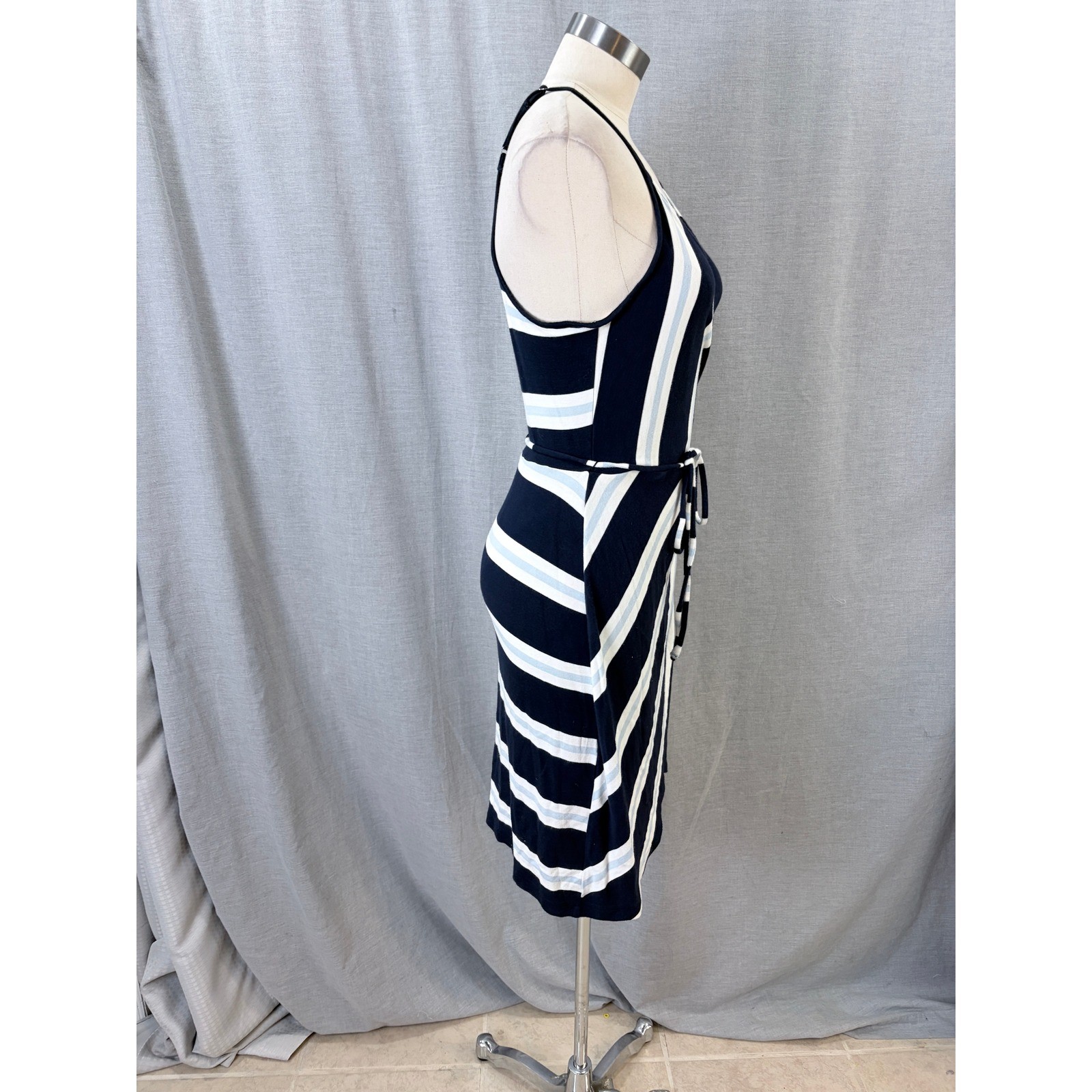 41 Hawthorn Navy Blue White Striped Sleeveless Faux Wrap Tulip Hem Dress PM