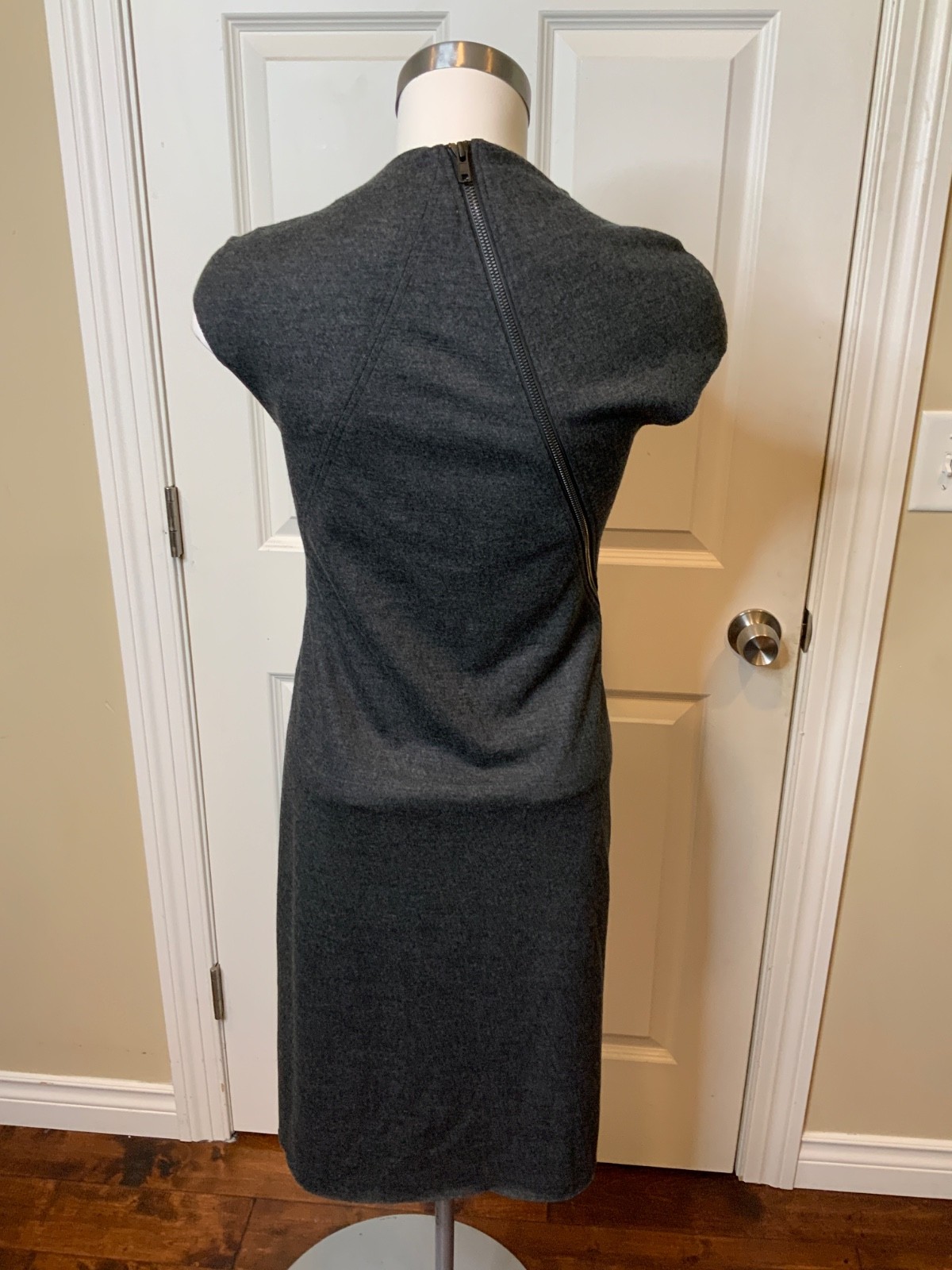 Helmut Lang X Barneys Gray Wool Sleeveless Asymmetric Zip Pencil Dress, Size S