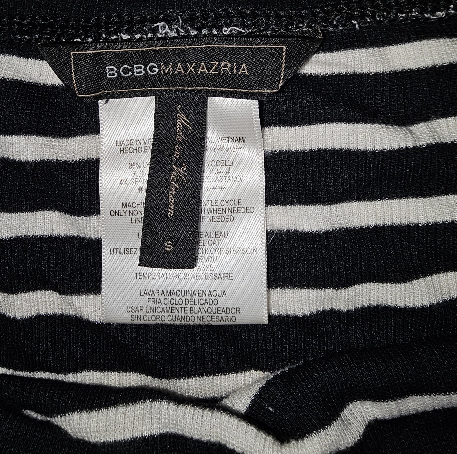 BCBGMAXAZRIA Black/White Striped Knit Sheath Boat Neck Midi Stretch S