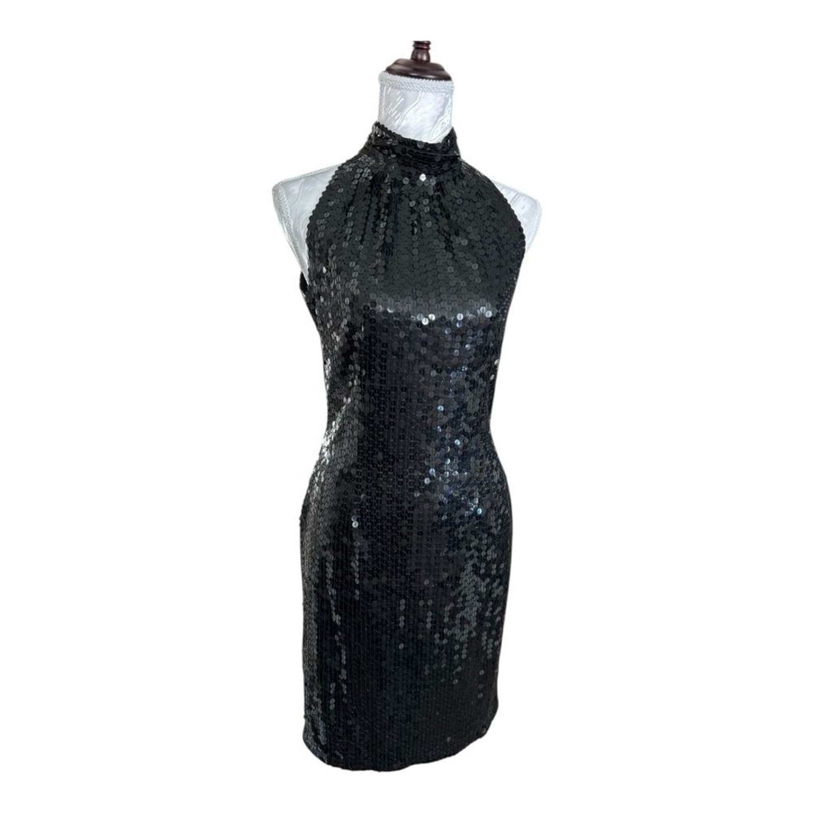 Vintage Nite Line Black Sequin High Neck Cutout Back Evening Dress Size 8