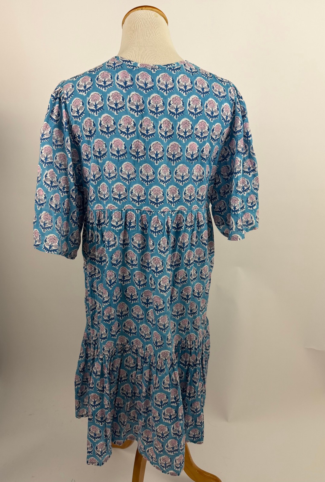 Emerson Fry India Collection Isla Dress Organic Cotton Blue Block Print M/L