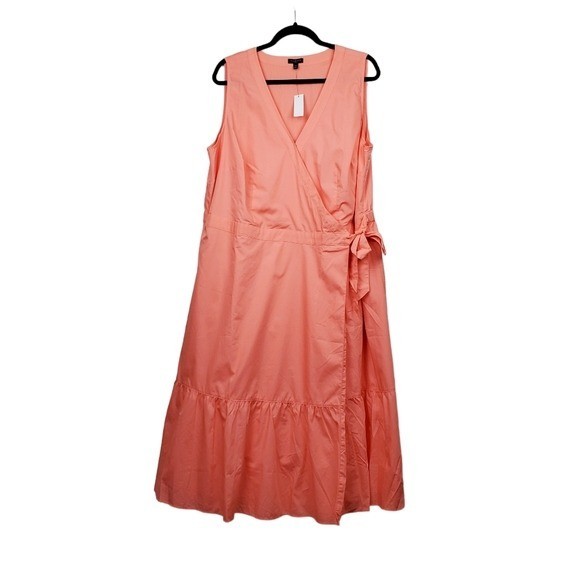 Talbots Sleeveless Peachy Orange V-Neck Poplin Wrap Midi Dress Size 14W NWT