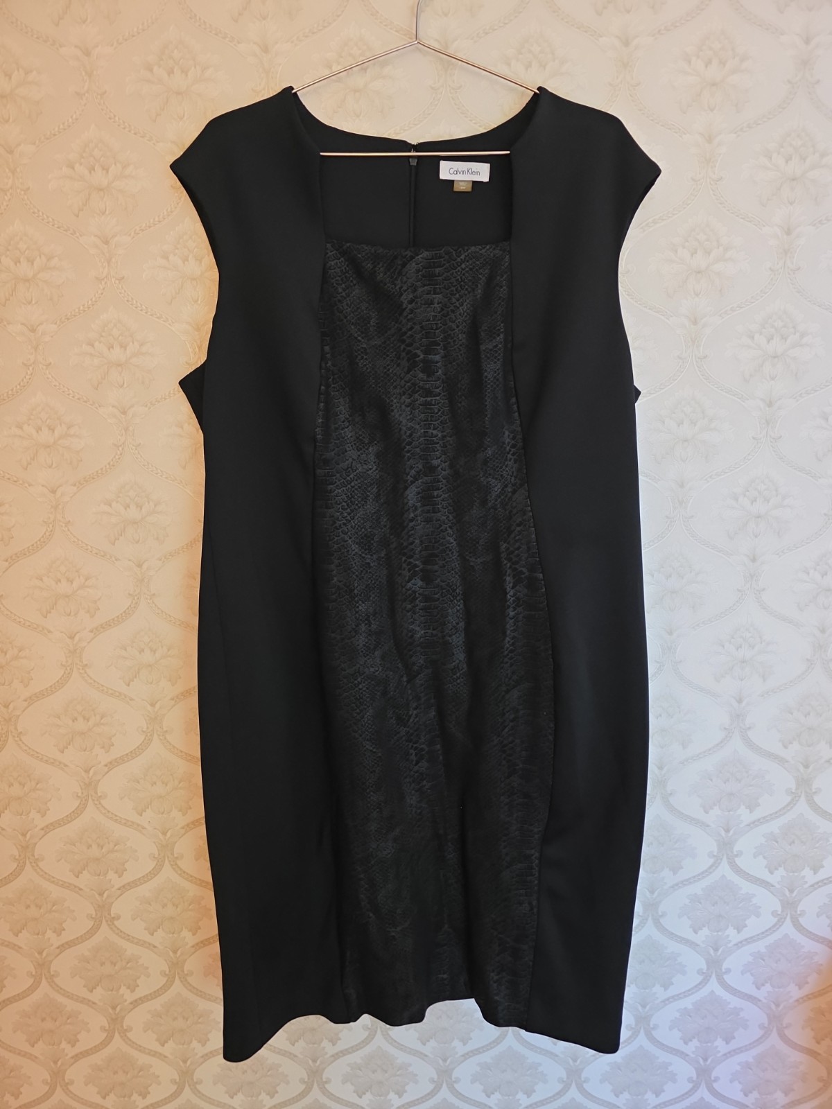 Calvin Klein Black Sheath Dress Snake Pattern Down Front Back Zipper Size 18W