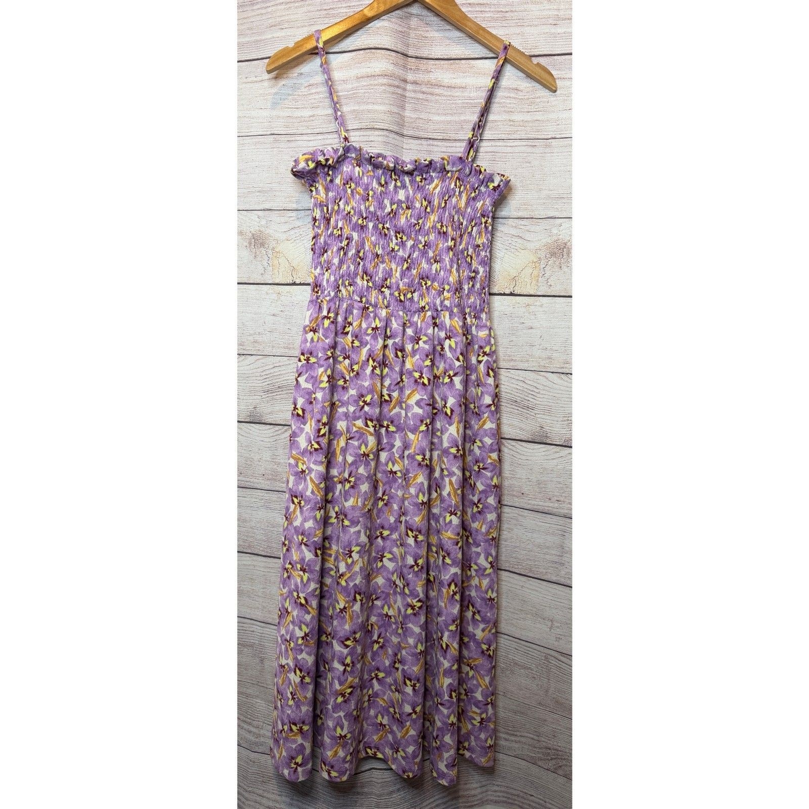H&M Smocked Floral Jersey Midi Dress Adjustable Straps Purple Size Medium