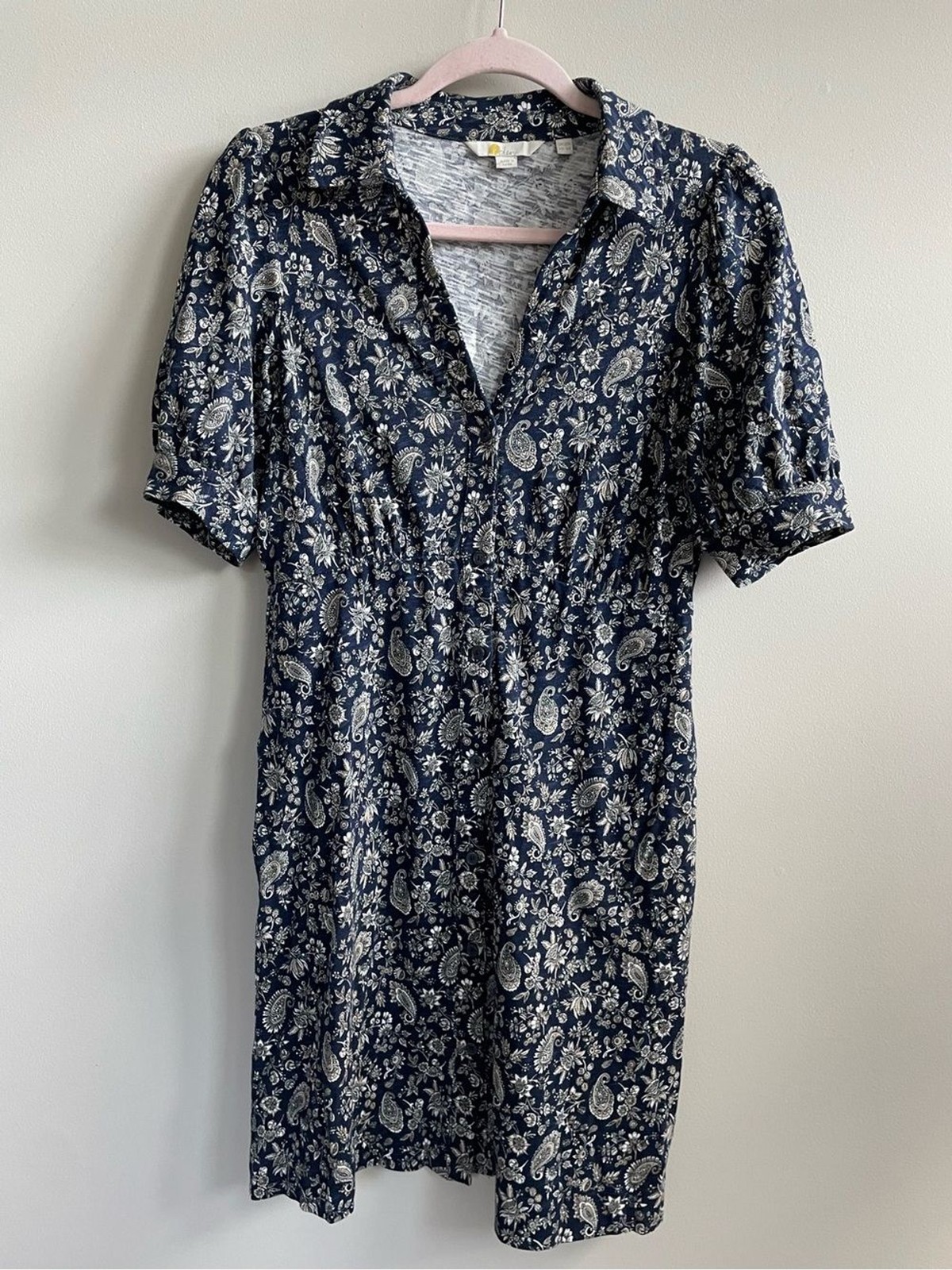 Boden Navy Floral Paisley Short-Sleeve Button Up Collared Dress 100% Cotton