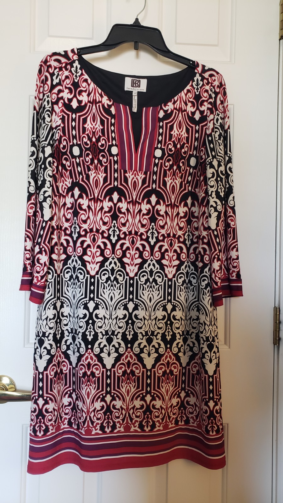 Laundry by Design Sz 10 Dress Geometric Print VNeck 3/4 Bell Sleeve Black Lined