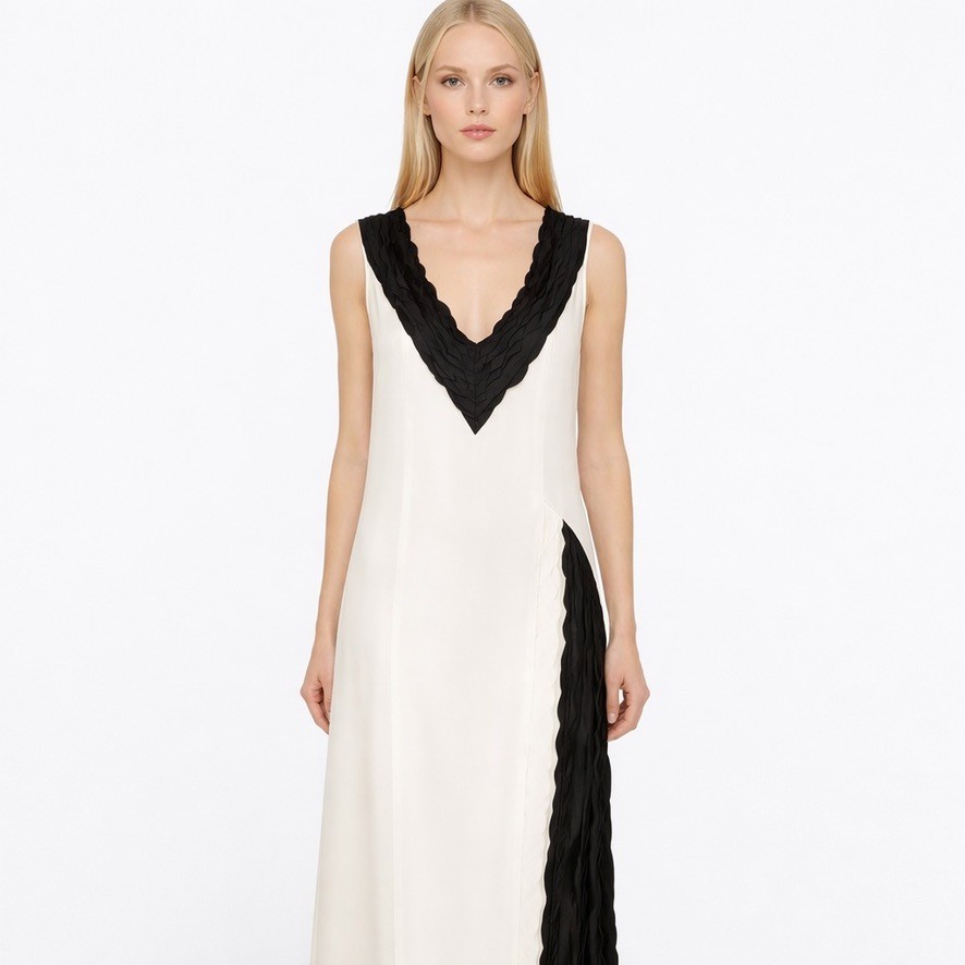 BEVZA Cream & Black Braid Trim Kvitka Maxi Gown Viscose Sleeveless Dress size XS