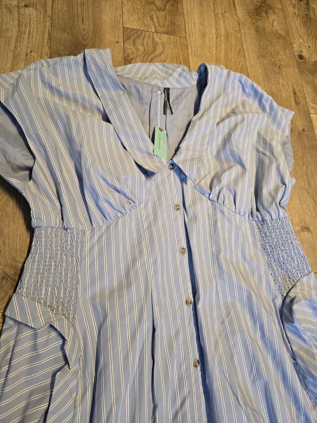 Anthropologie Tobie Button Front Pleated Shirt dress Size 2X Stripe Cottage Blue