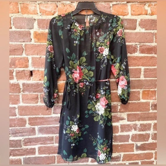 LOFT Petites Black Floral Chiffon Long Sleeve Mini Dress NWT XSP 32434422