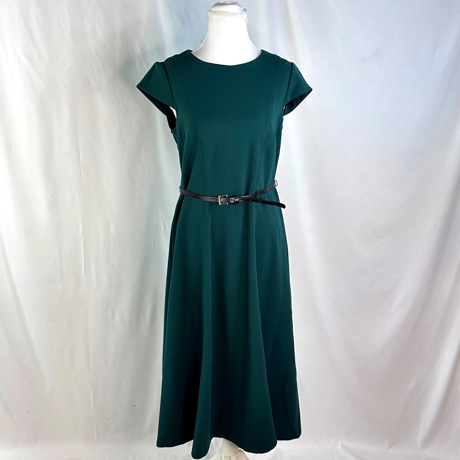 Tommy Hilfiger Women’s 8 Midi Dress Hunter Green Belted Cap Sleeve Holiday Jewel