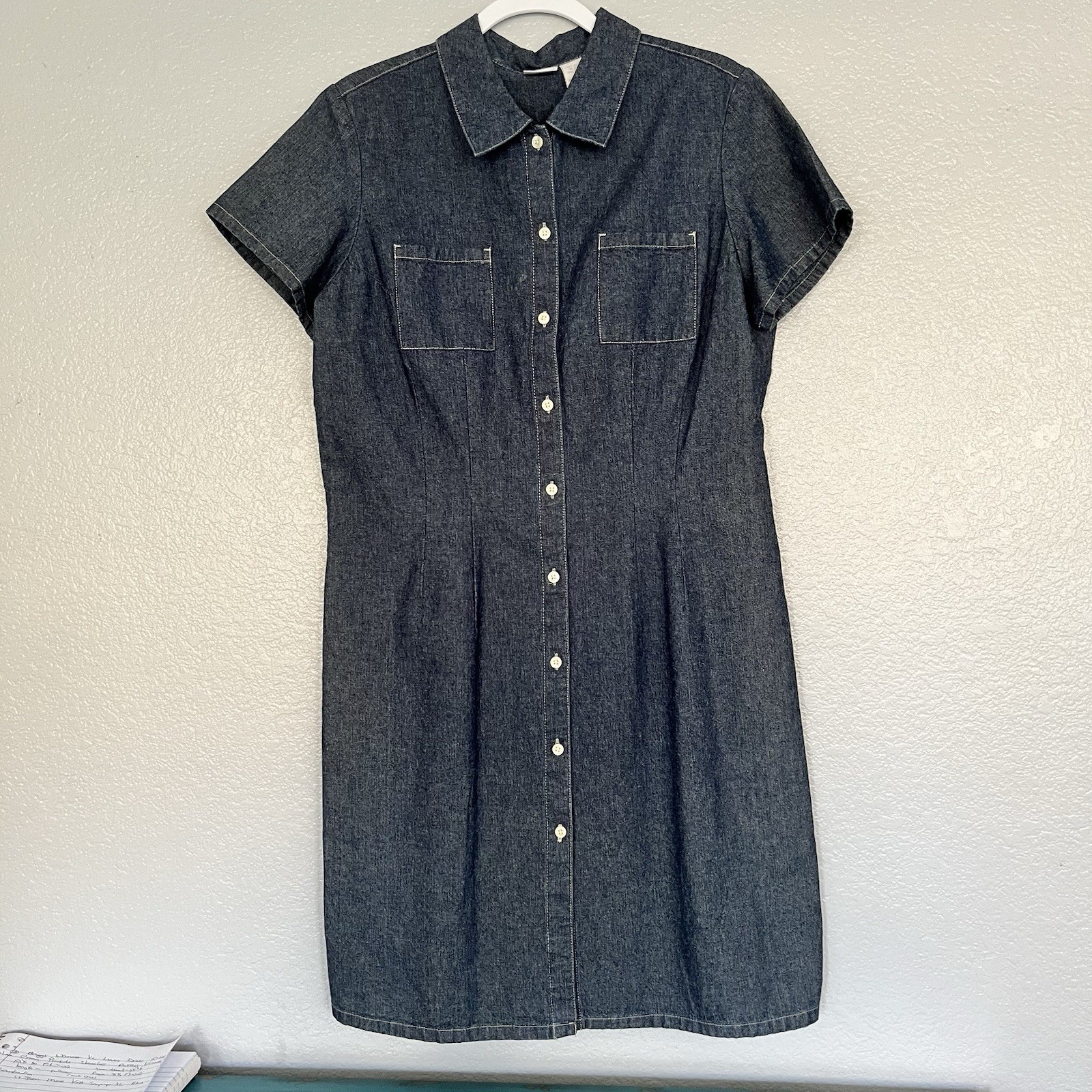 Cherokee Women’s Denim Dress L Blue Button-up Pockets Midi Knee Length Vintage